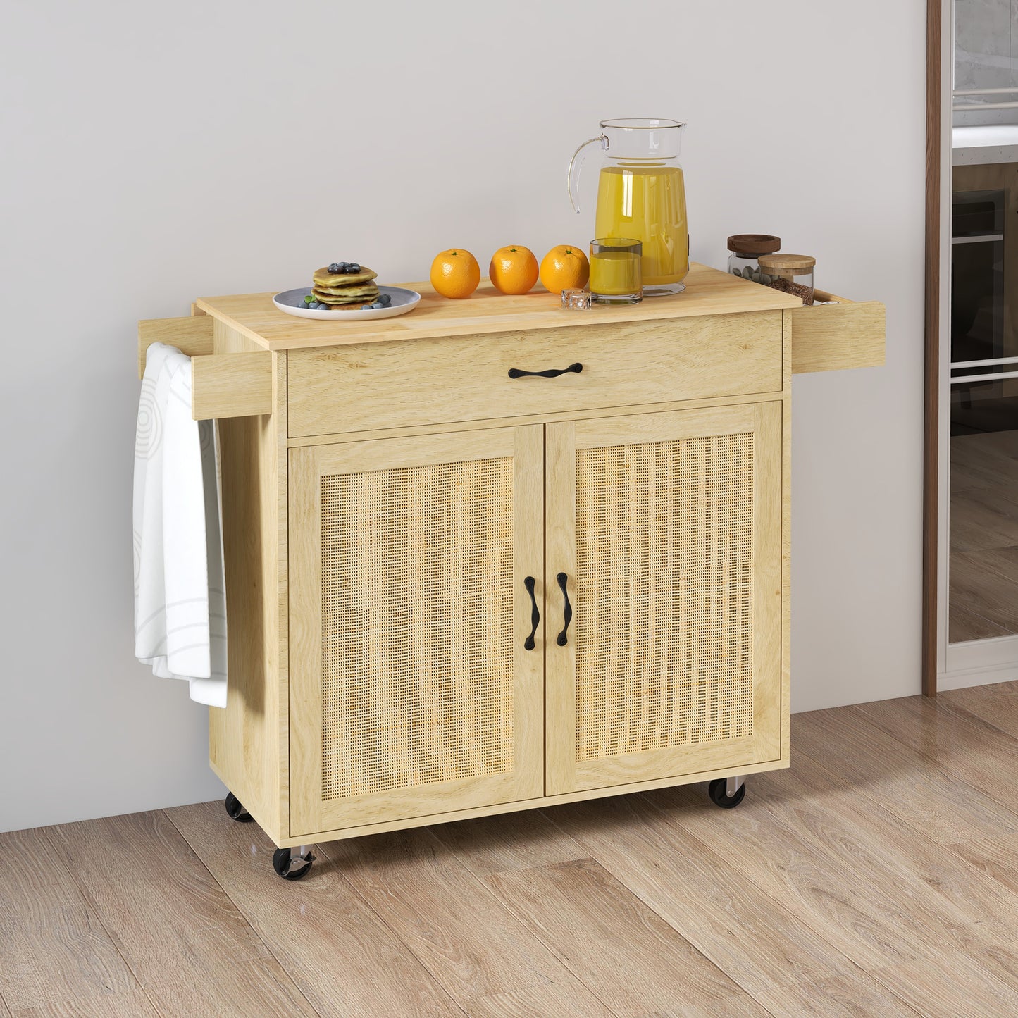 Boho Style Kitchen Trolley with Folding Top, Drawer and Cabinet in Wood and Rattan Boho Style - Borgè