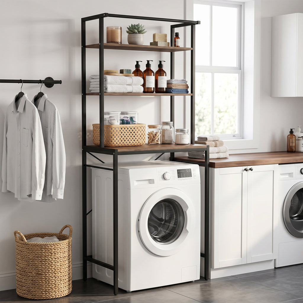 HOMCOM 3-Tier Washing Machine Cabinet with Hanging Rail, Wood and Steel, 67x40x161.8 cm, Brown and Black