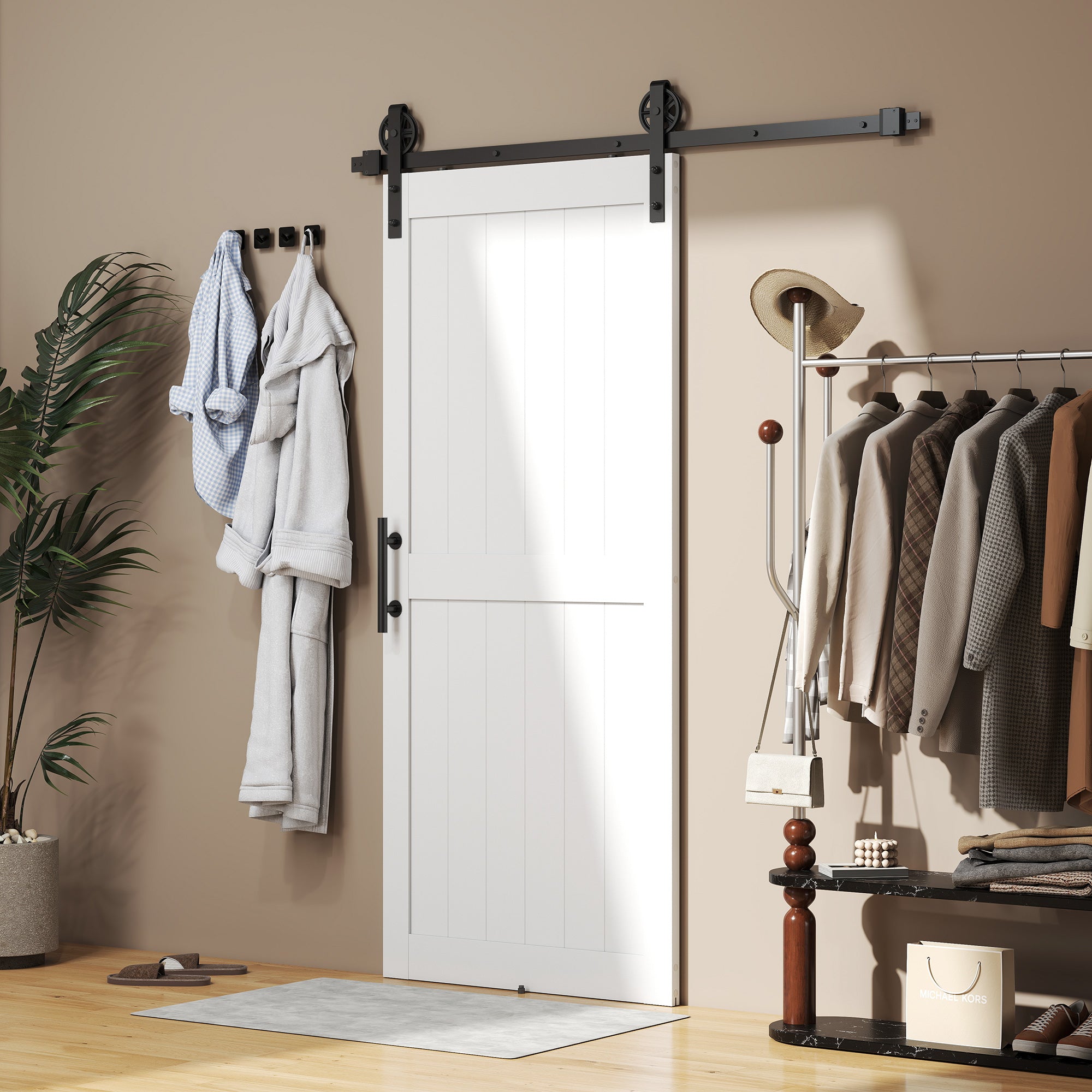 Country Style Sliding Door with Track and Handle, Wood and Steel, 183x0.6x4 cm, Black and White