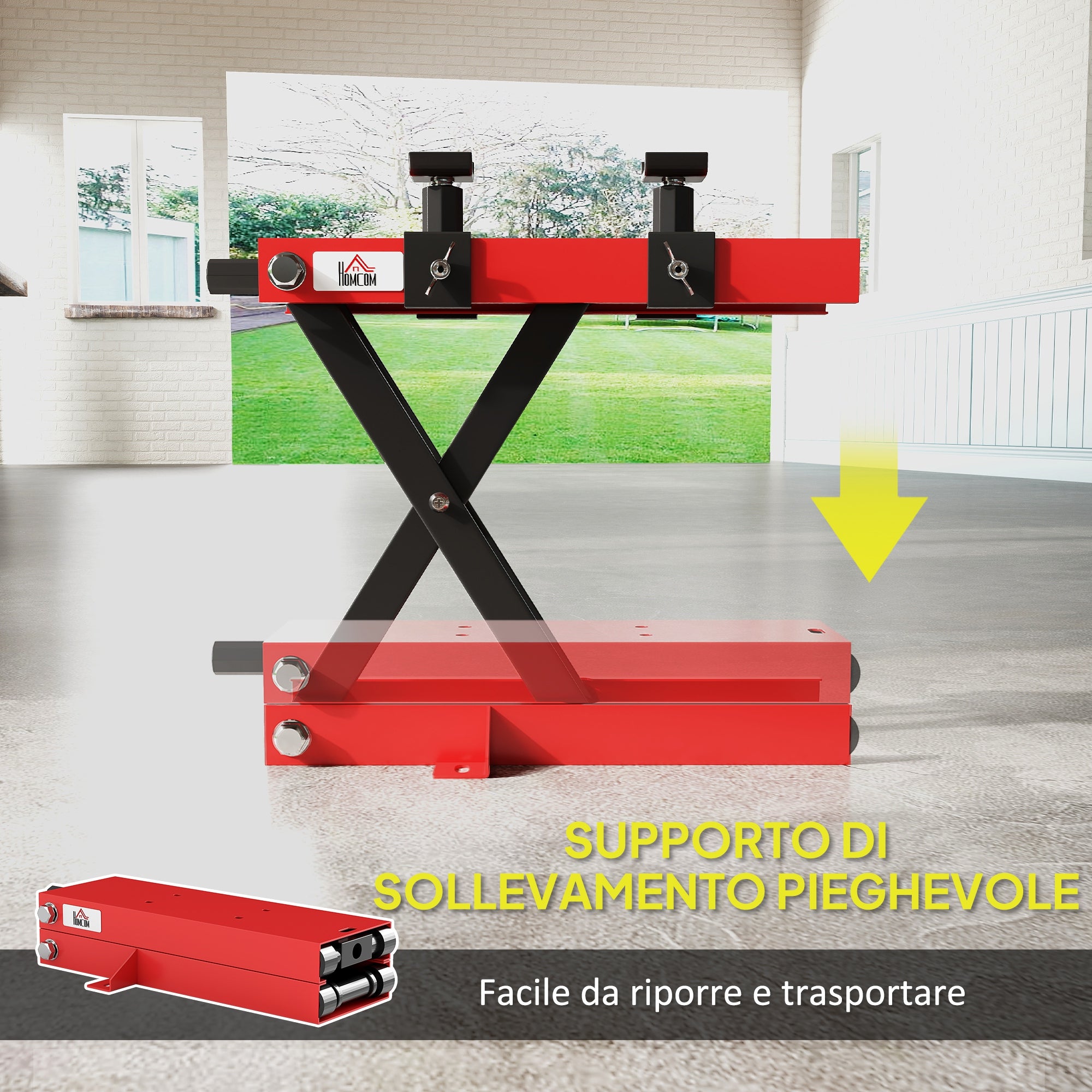 Steel Motorcycle Lift Stand Capacity 500kg, Foldable with Adjustable Height and Crank, Red