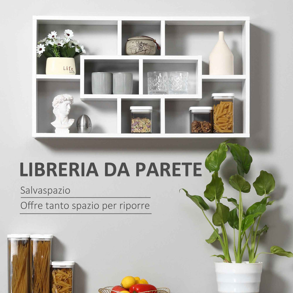 HOMCOM Wall Mounted Bookcase with 8 Compartments in 3 Different Sizes, Wall Shelf with Anti-Tip Design, White Chipboard Panels, 85x14.5x47.5cm, Capacity: 20kg