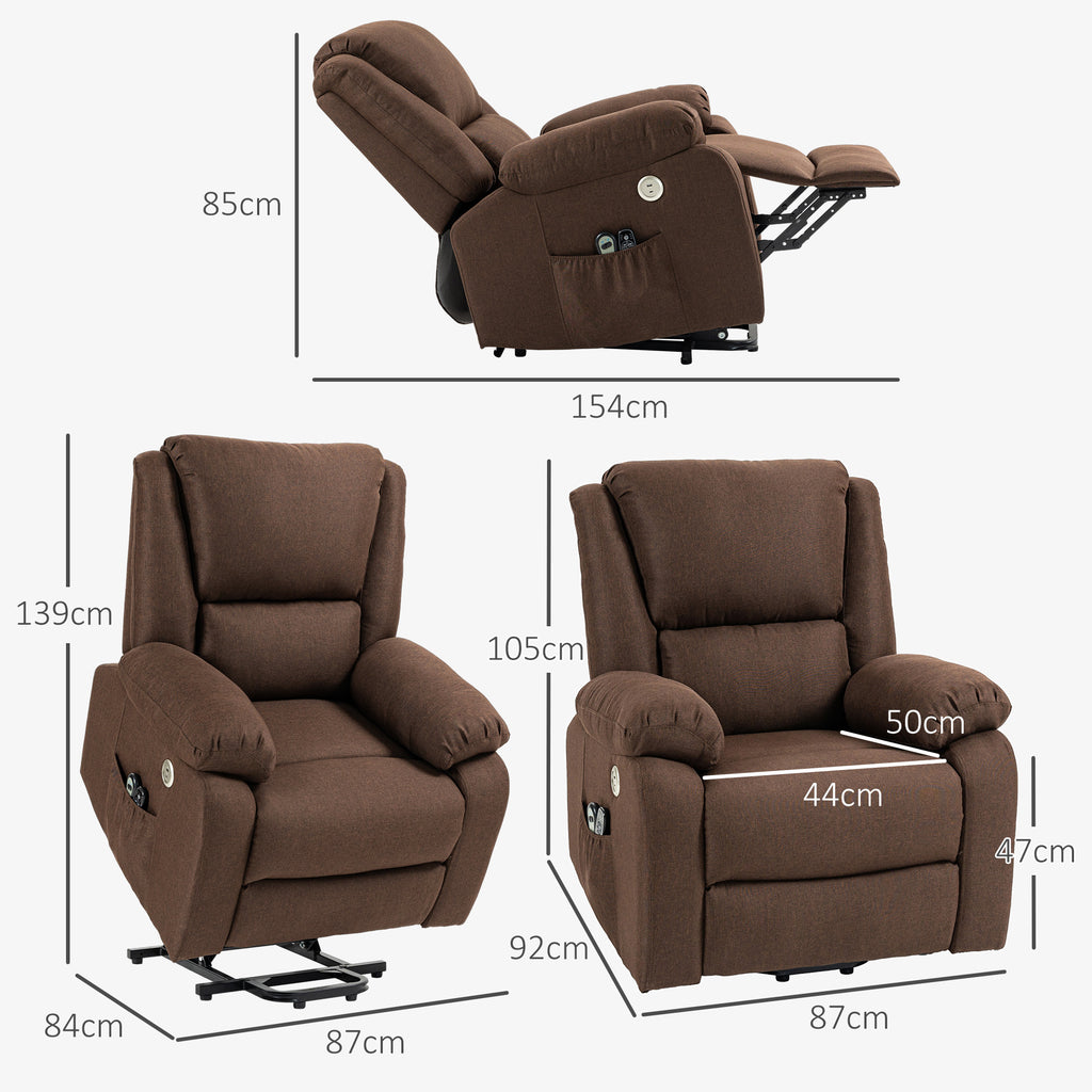 HOMCOM Reclining Lift Chair with Footrest, in Linen Effect Fabric, 87x92x105 cm, Coffee - Borgè