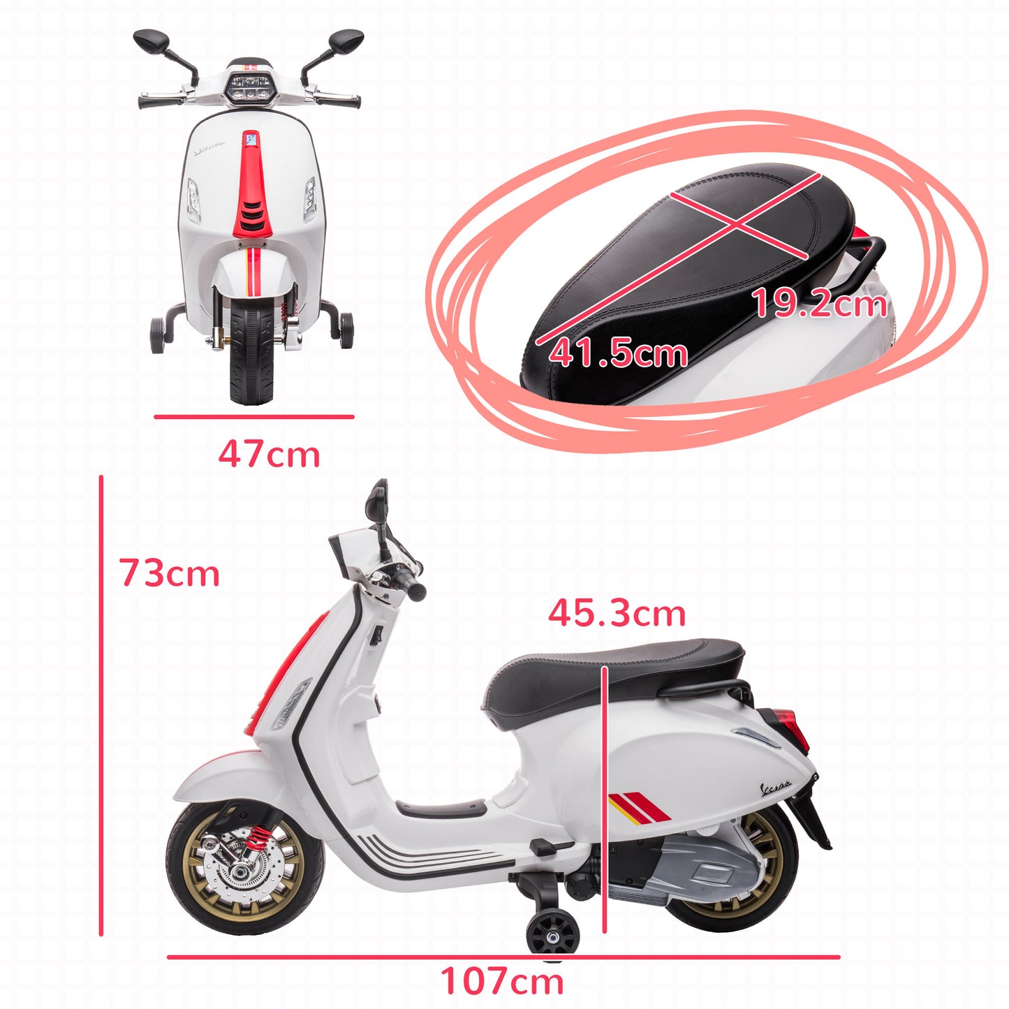 AIYAPLAY Electric Motorcycle for Children with Vespa License with Wheels, Light and Music, in PP and Metal, 107x47x73 cm, White