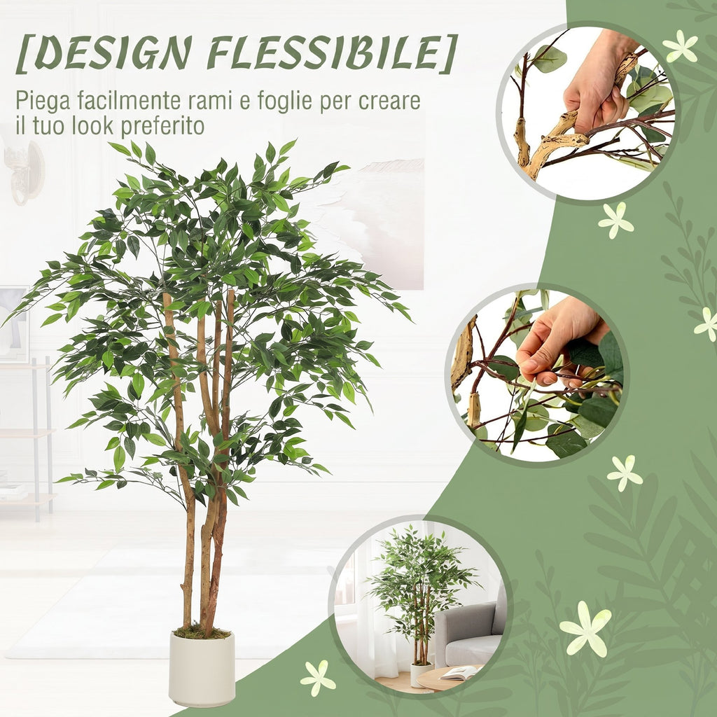 HOMCOM Artificial Banyan Tree Plant in PEVA and Wood with Adjustable Branches and White Container Pot in PP and Cement