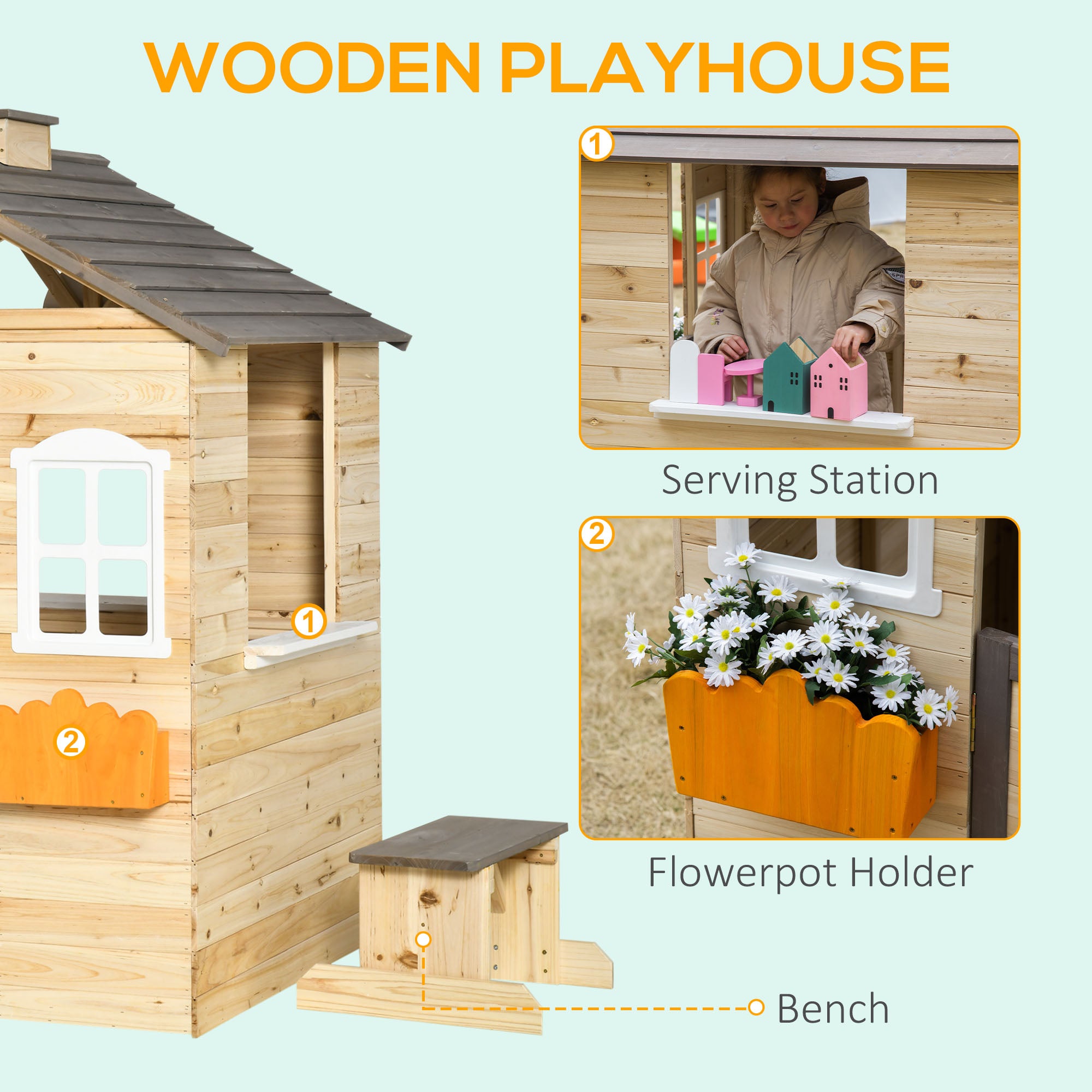 Outsunny Casetta Bimbi 3-7 years at 2 windows with portavas and bench, in fir wood and pp, 113LX94x134.5 cm - Borgè