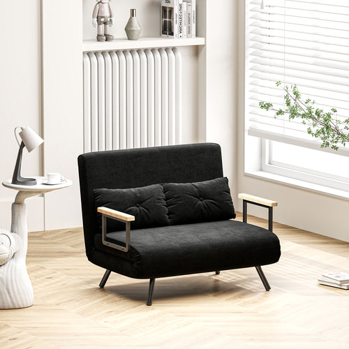 3 in 1 Velvet Fabric Sofa Bed with Adjustable Backrest and 2 Cushions, 102x73x81 cm, Black