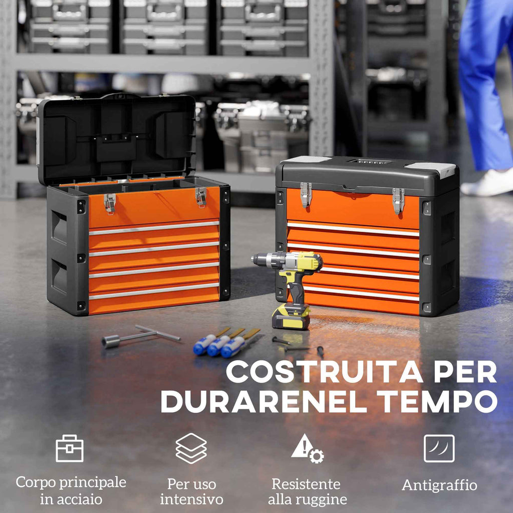 HOMCOM 4-Drawer Tool Box with Top Compartment in Steel and Plastic, Orange and Black