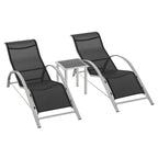 Outsunny Set of 2 Garden Loungers and Glass Table, Sun Lounger with Breathable Fabric, 59x169x66cm, Black and Grey