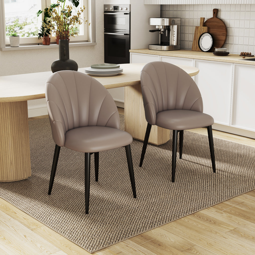 Set of 2 PU Leather Dining Chairs with Metal Legs and Shell Backrest, Brown