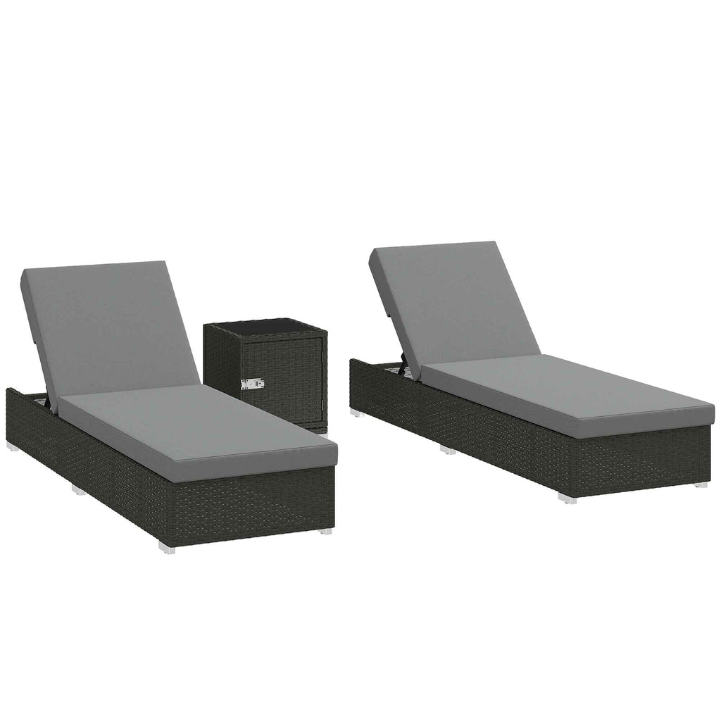 Outsunny Set of 2 Rattan Garden Loungers with Side Table and Adjustable Backrest, 184x60x22 cm, Dark Grey