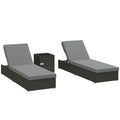 Outsunny Set of 2 Rattan Garden Loungers with Side Table and Adjustable Backrest, 184x60x22 cm, Dark Grey