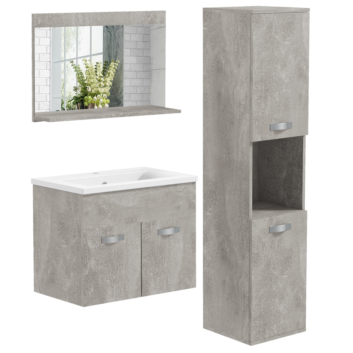 Kleankin 4 Piece Bathroom Furniture Set with 60cm Sink, Cabinet, Bathroom Column and Wooden Mirror, Grey