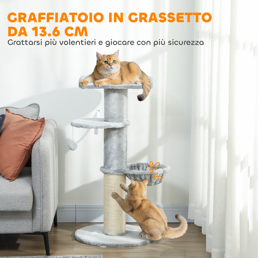 103.5cm Cat Tree with Cat Bed and Hammock, Plush Lining, Light Grey