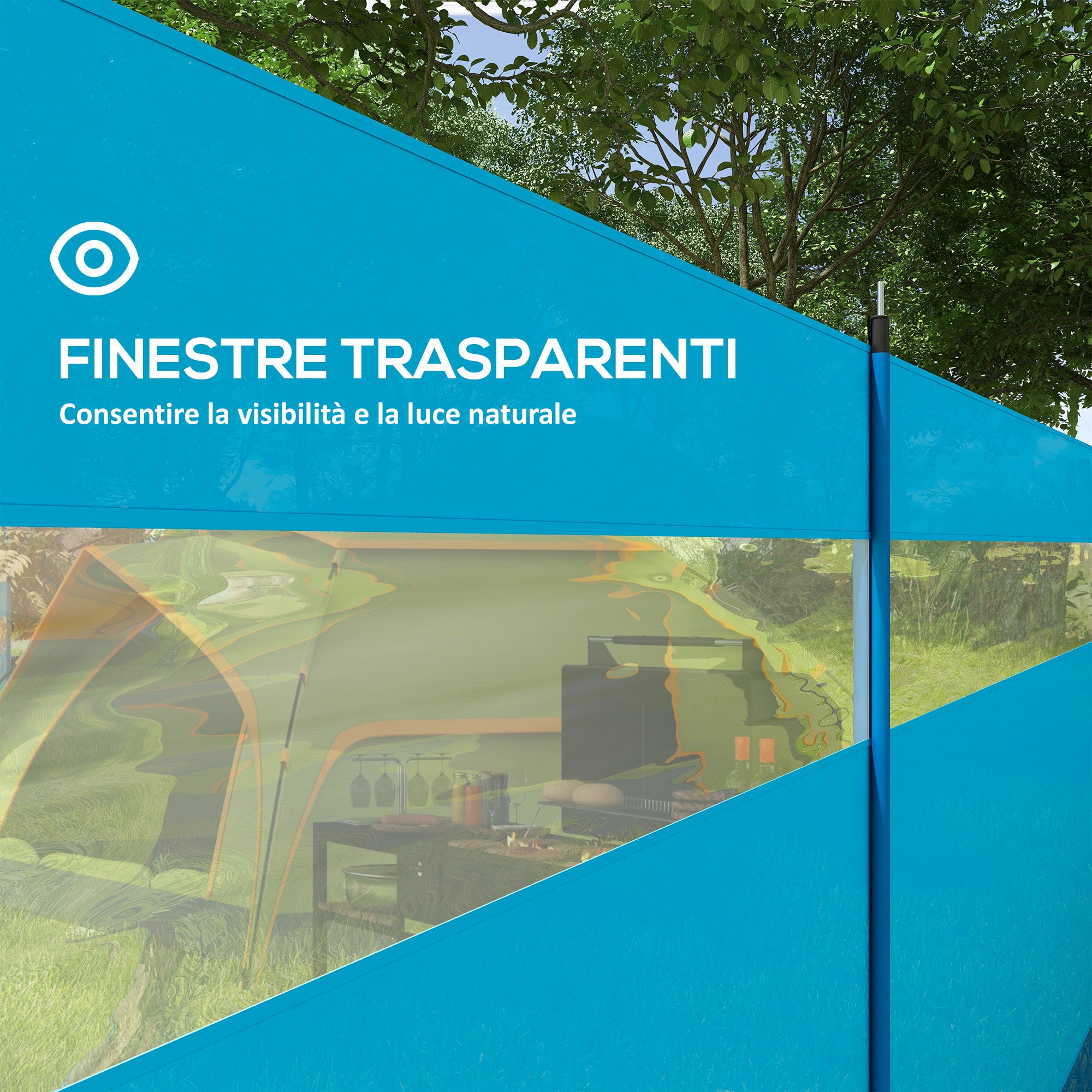 Folding Beach Screen Privacy Screen in Polyester with Steel Bars, 725x140 cm, Light Blue