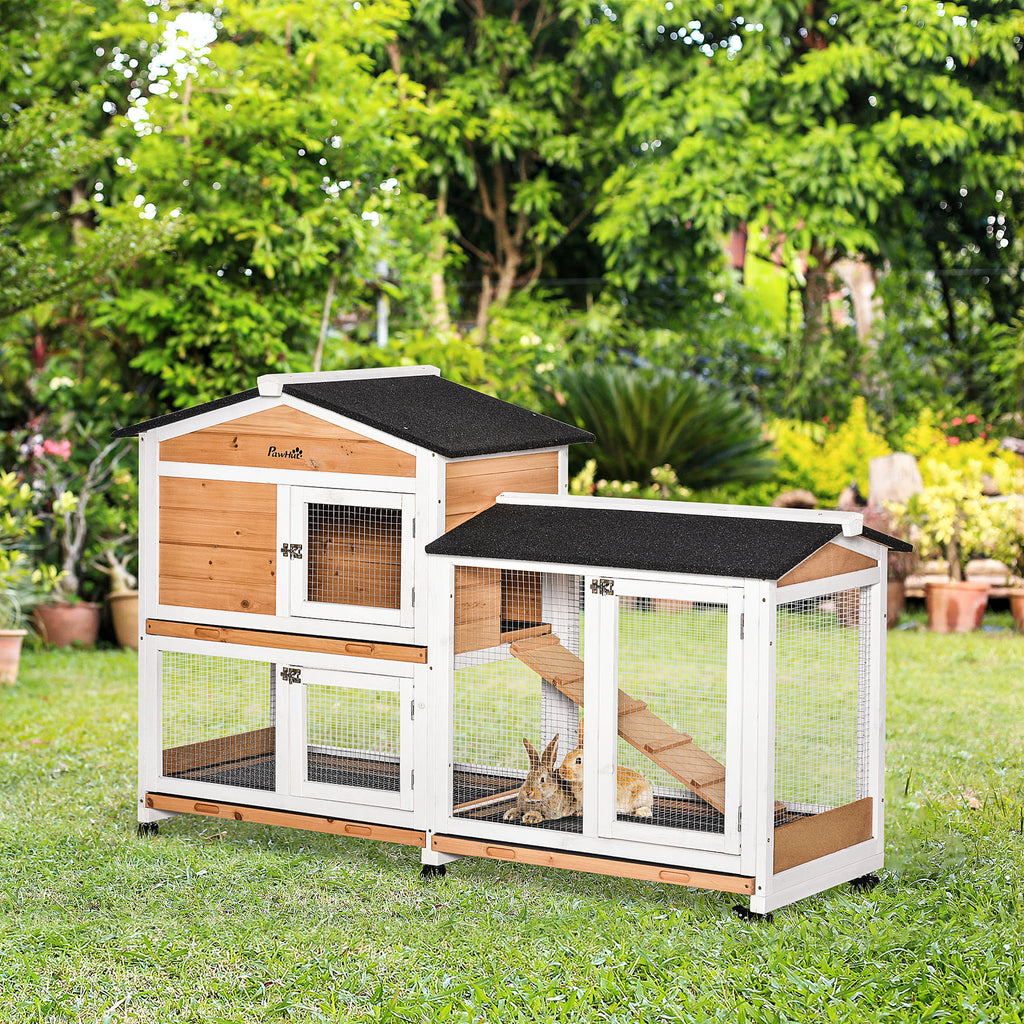 2-Tier Rabbit Hutch with Protective Net, Made of Wood, Metal and Tar, 157.4x53x99.5 cm, Yellow White and Black