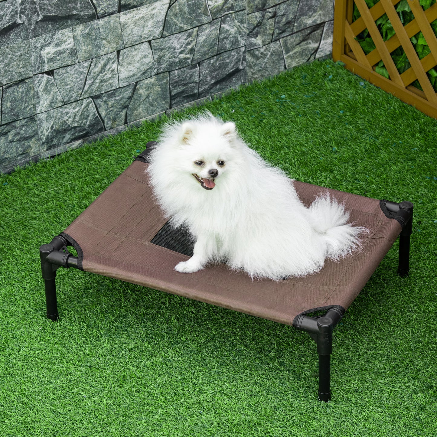 PawHut Raised Dog Bed with Breathable Seat, in Steel and Fabric, 61x46x18 cm, Black and Coffee - Borgè