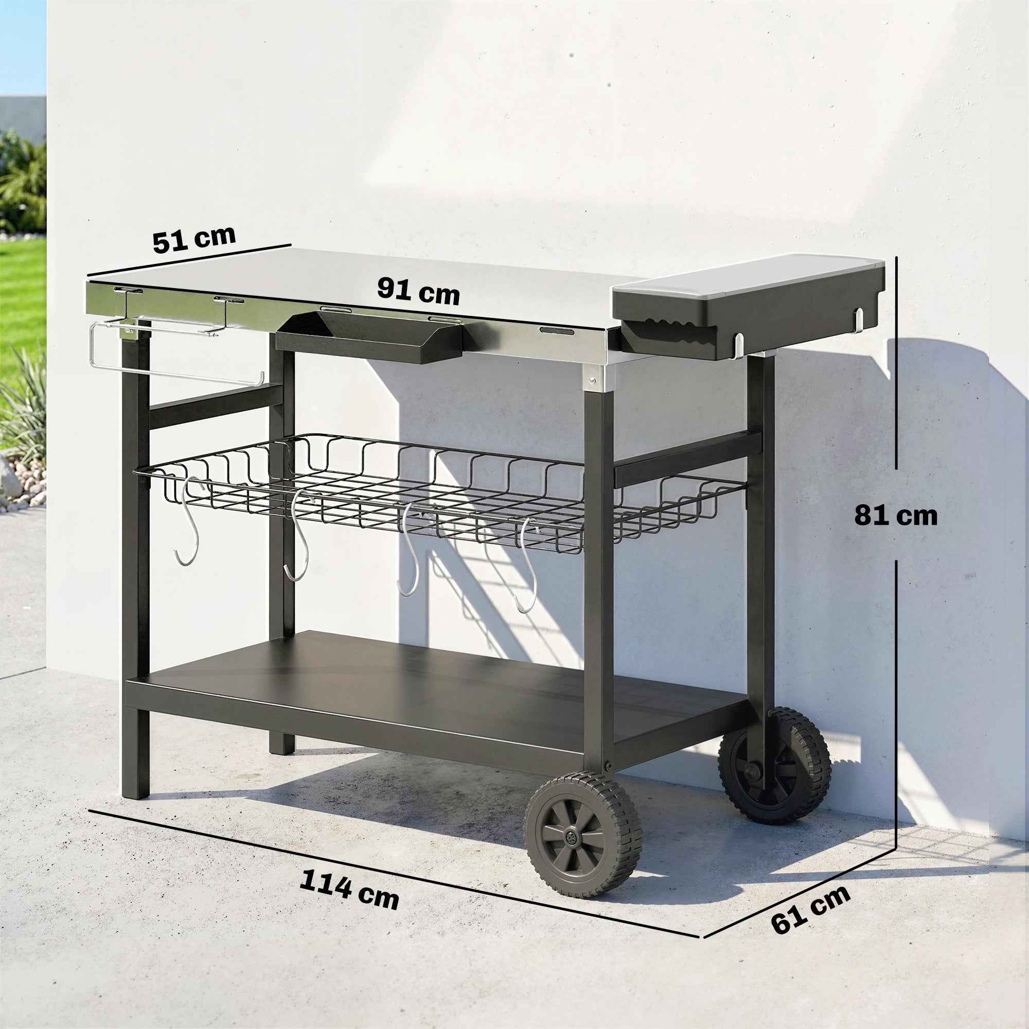 Outsunny Outdoor Barbecue Cart with Stainless Steel Top, Spice Rack, Hooks and Side Handle, Black