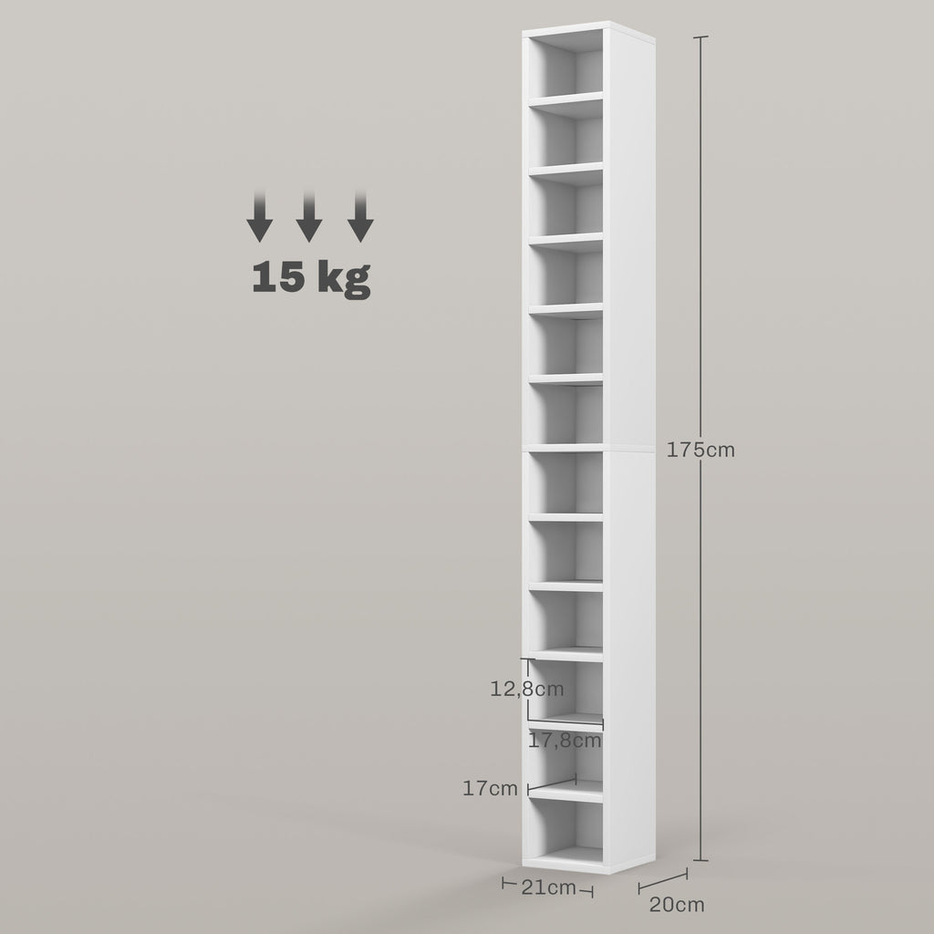 HOMCOM 12-Tier CD Storage Cabinet for 204 CDs, MDF and Chipboard, 21x20x175 cm, White
