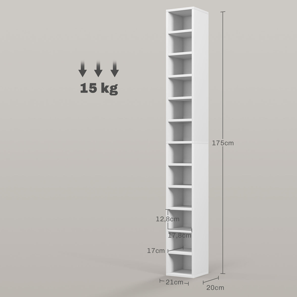 HOMCOM 12-Tier CD Storage Cabinet for 204 CDs, MDF and Chipboard, 21x20x175 cm, White