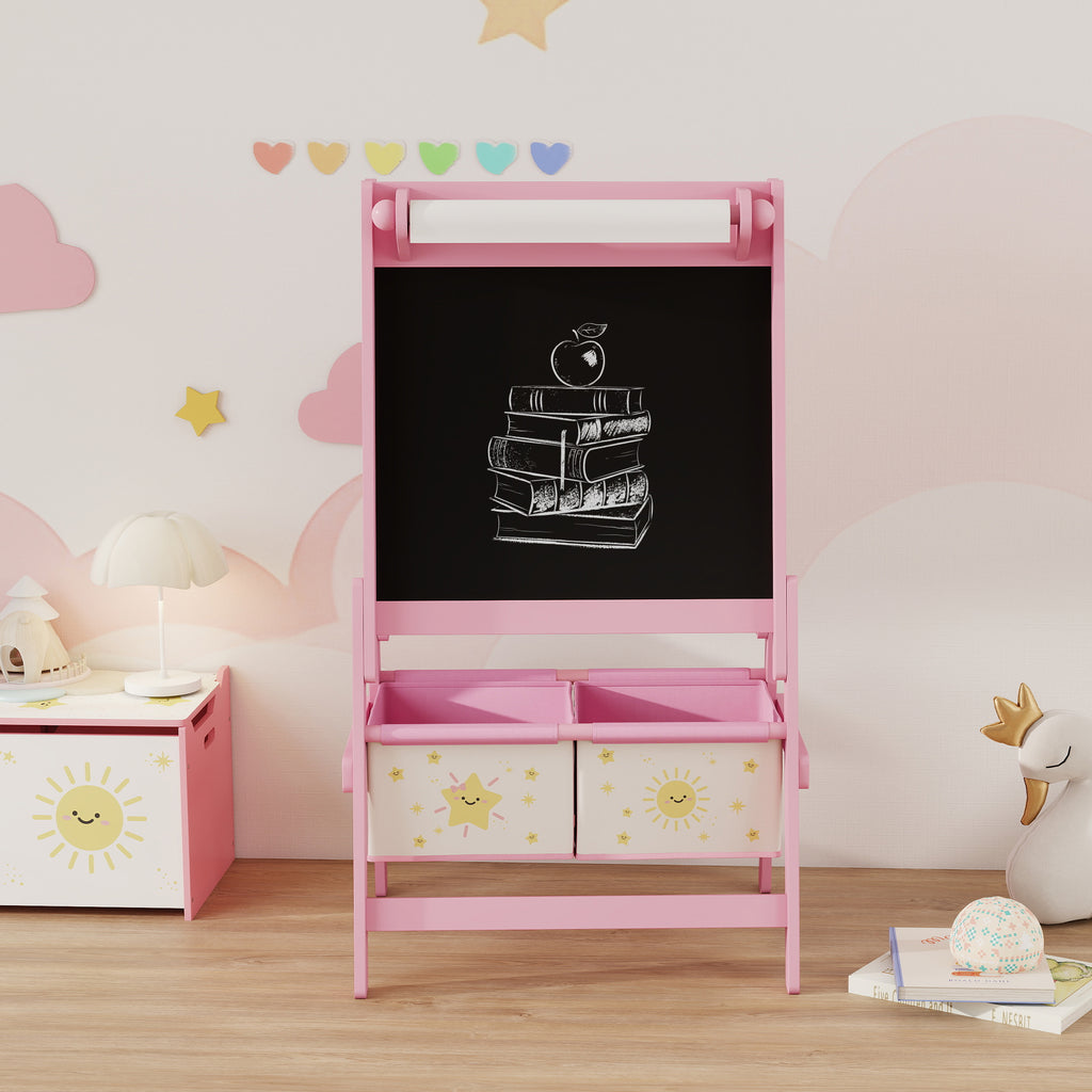 3-in-1 Children's Chalkboard with Easel, Paper Roll and 2 Baskets, Wooden, 54x46x94 cm, Pink