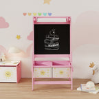 3-in-1 Children's Chalkboard with Easel, Paper Roll and 2 Baskets, Wooden, 54x46x94 cm, Pink