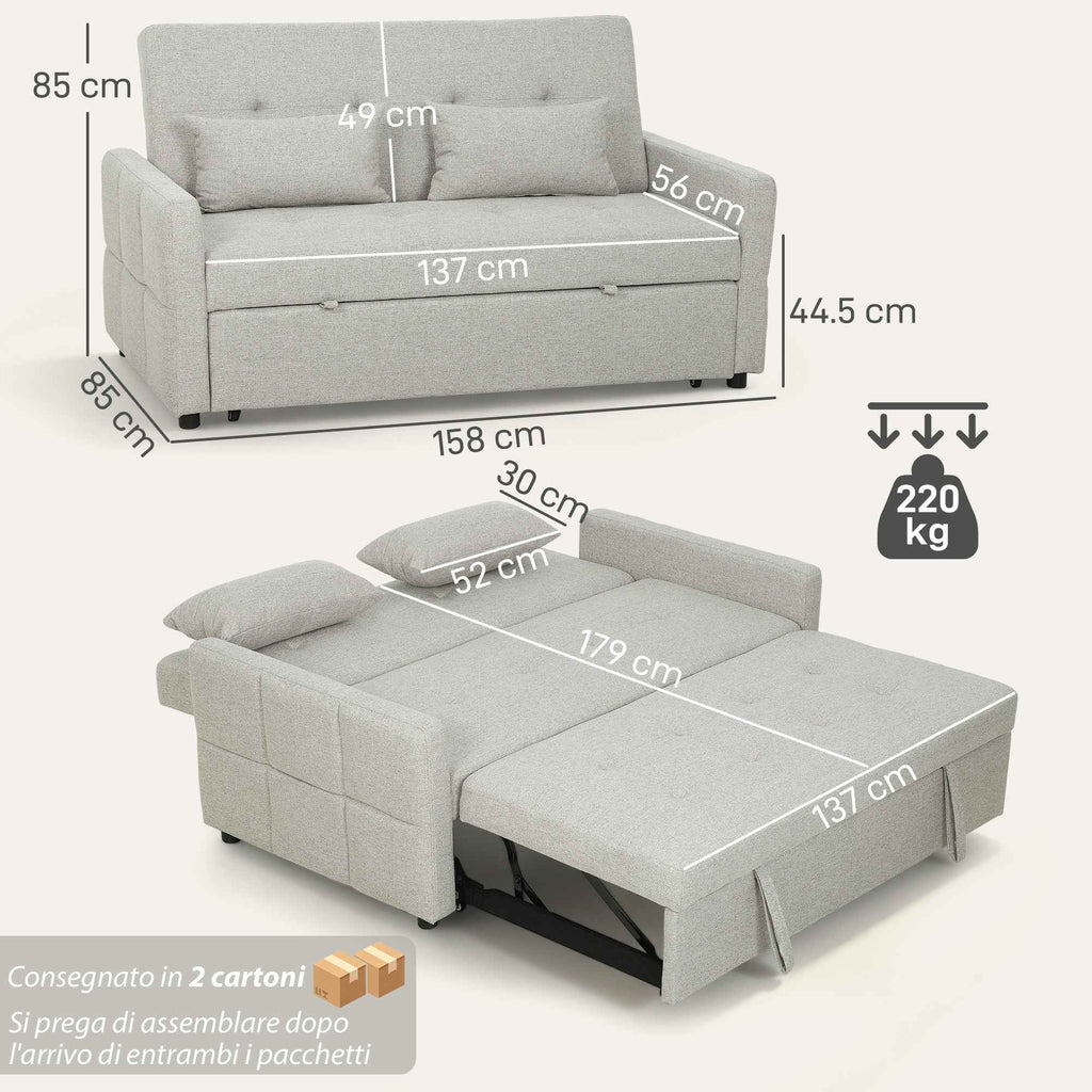 2-Seater Sofa Bed with 2 Fabric Cushions, Light Brown