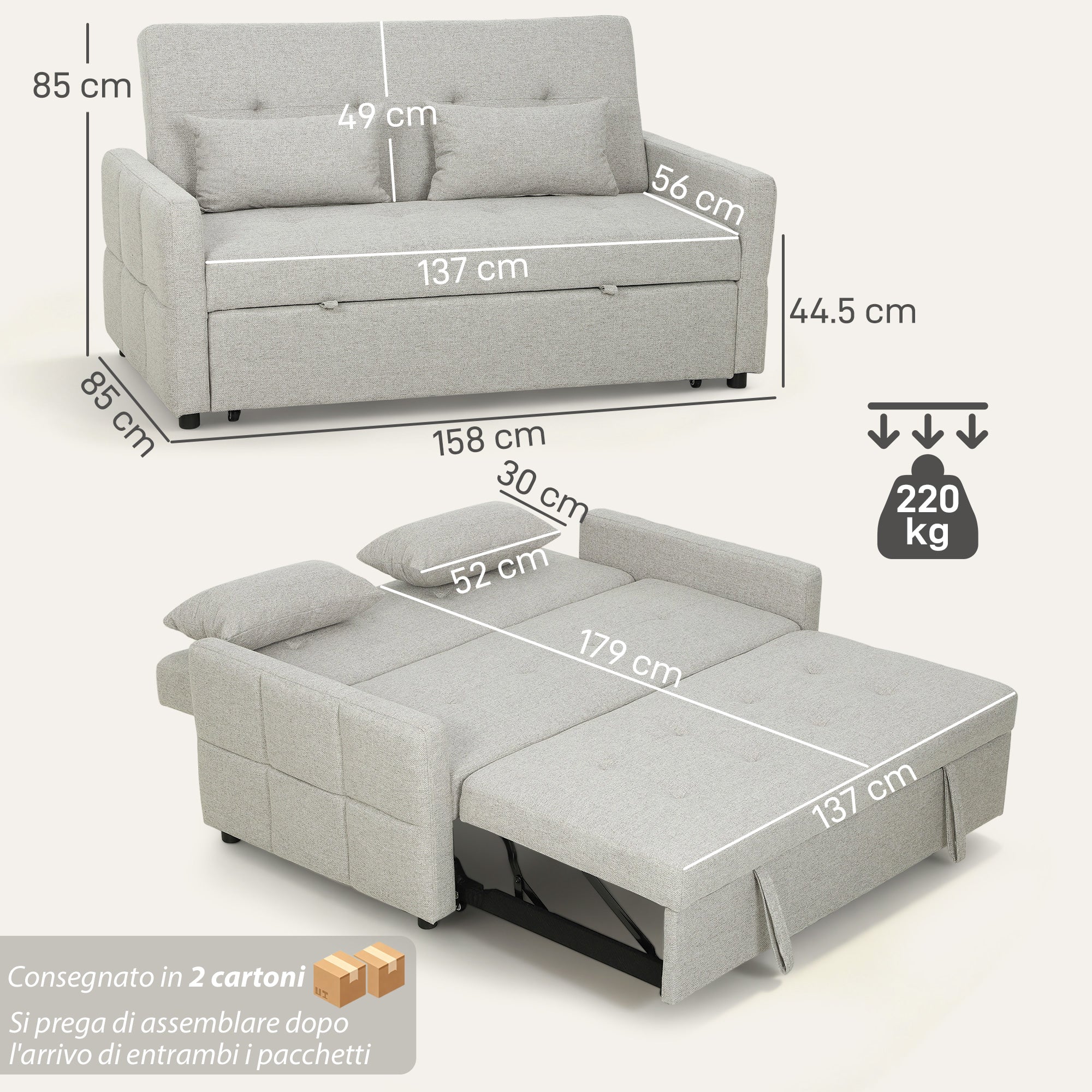 2-Seater Sofa Bed with 2 Fabric Cushions, Light Brown