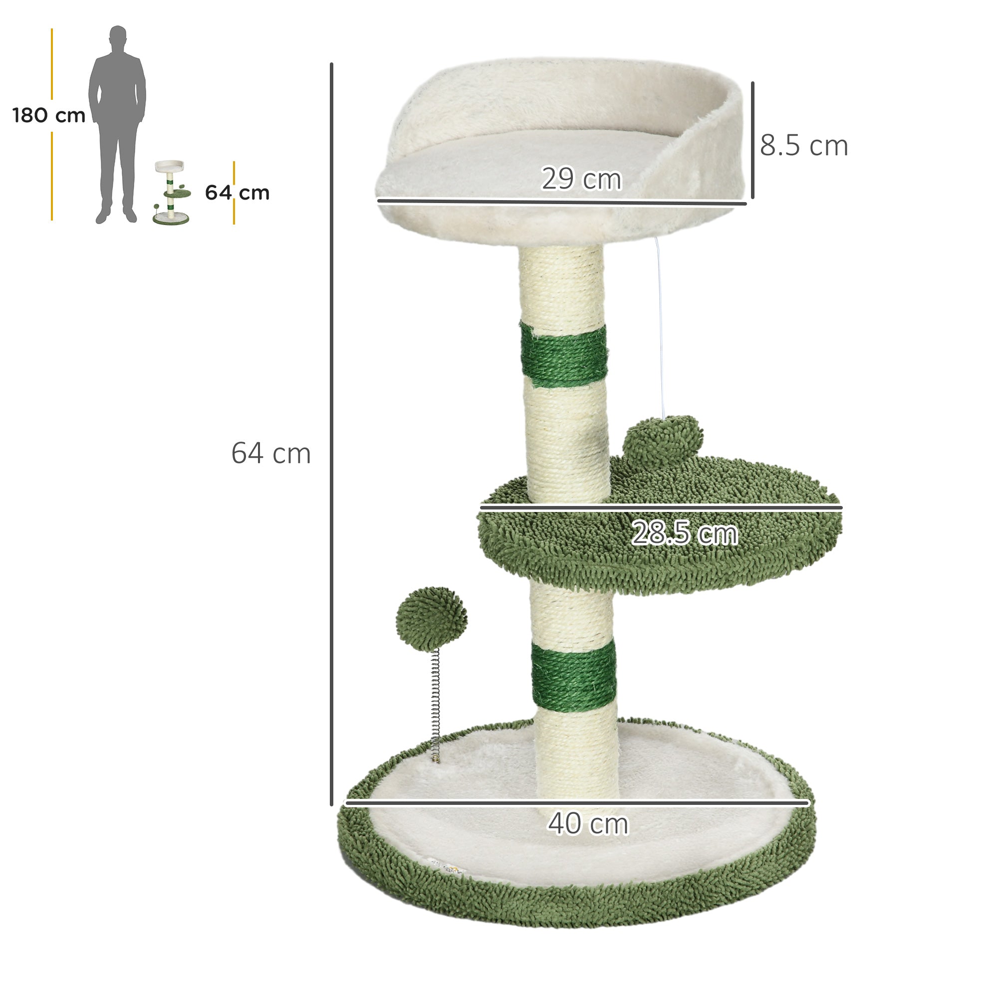 Cat Tree with Cat Bed, 2 Balls, Platform and Sisal Post, Green and White