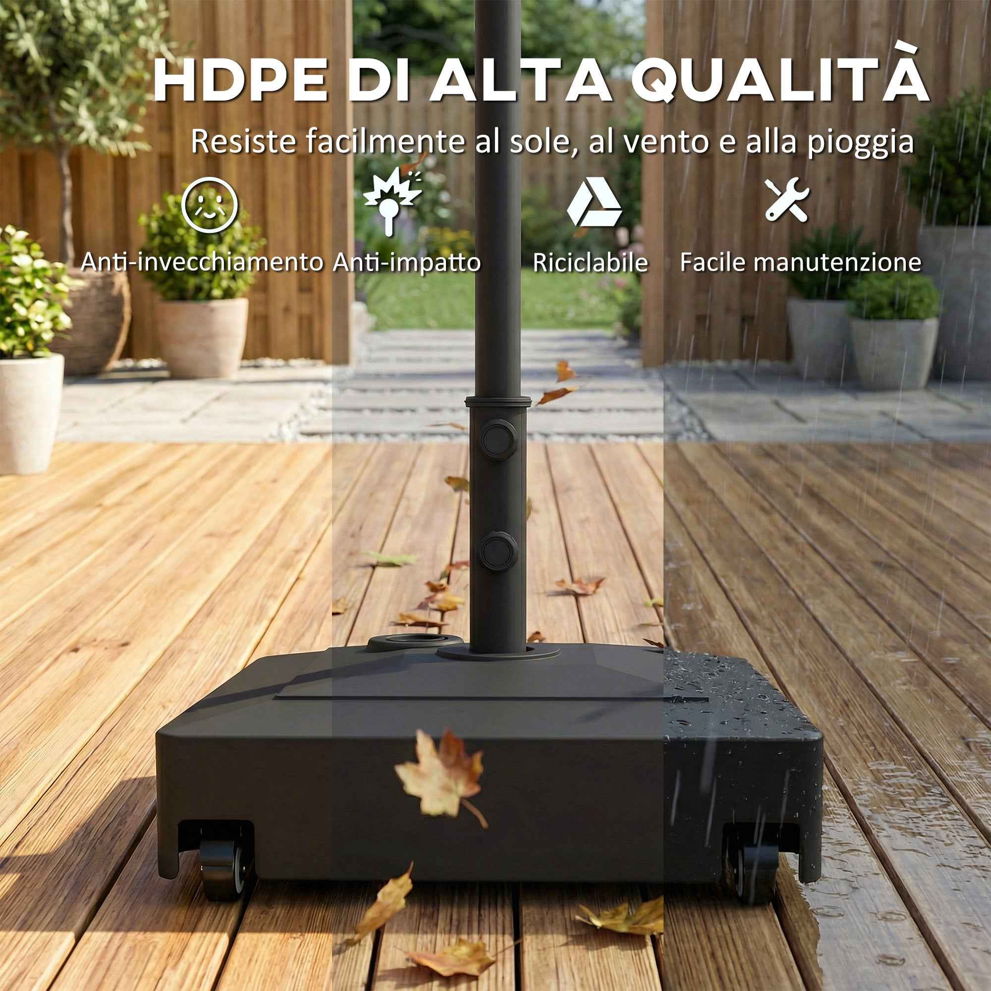 Outsunny Wheeled Umbrella Base with Brakes, Water 40kg/Sand 61kg, for Ø35/38/48mm Umbrella Poles, Black