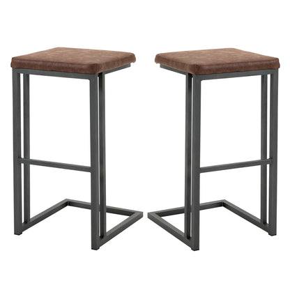 Set of 2 Bar and Kitchen Stools, Padded Stools Vintage Industrial Style Design, Faux Leather and Metal, Brown