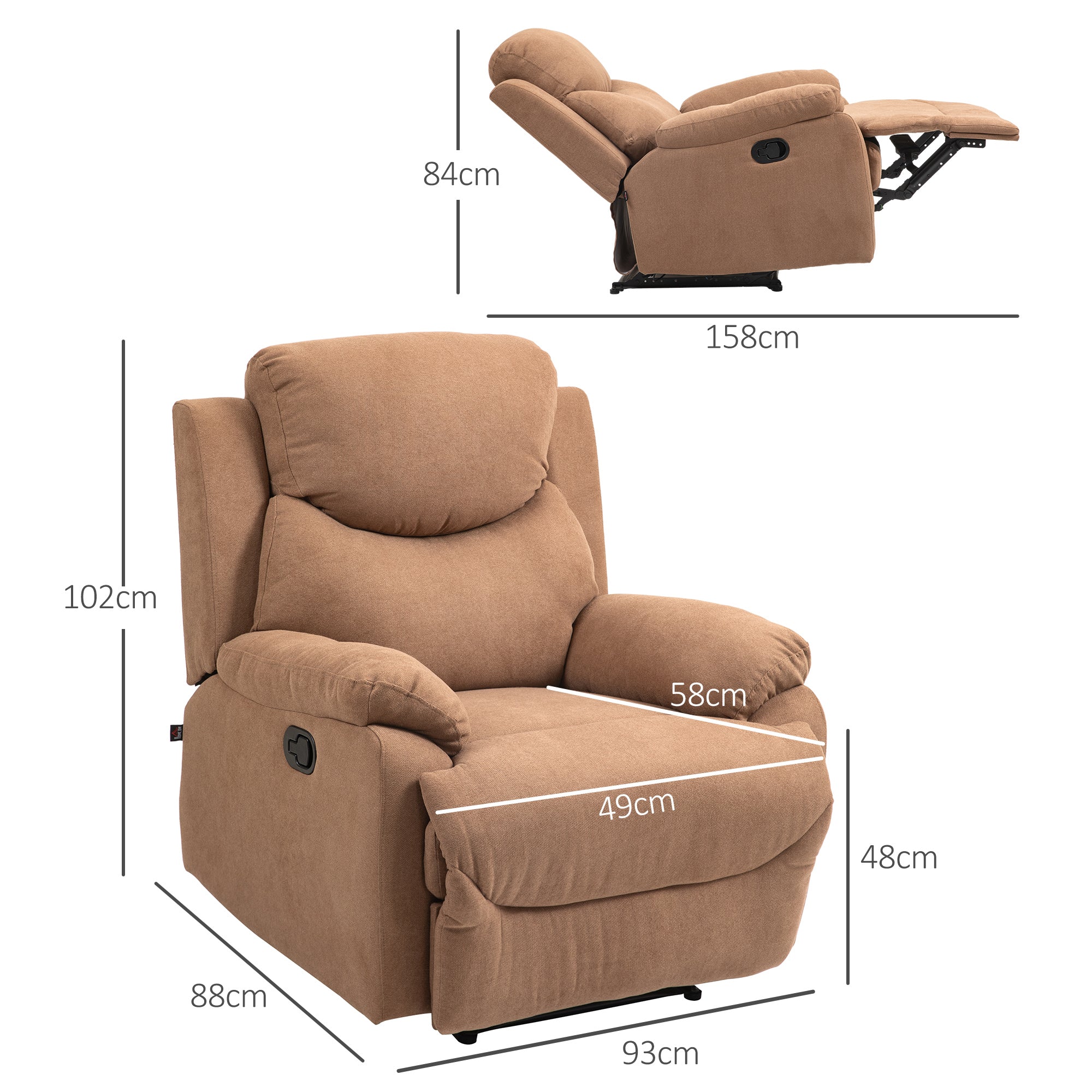 Manual Relax Chair Reclining 150° with Fabric Footrest, 93x88x102cm, Dark Brown