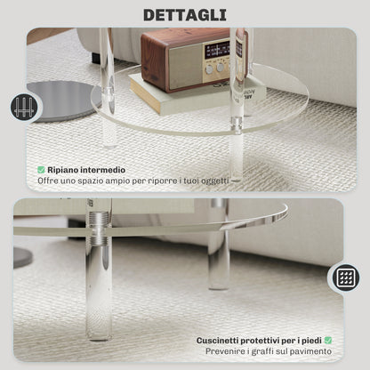 Low Round Coffee Table with 2 Levels in Acrylic for Indoors, Ø40x50 cm, Transparent