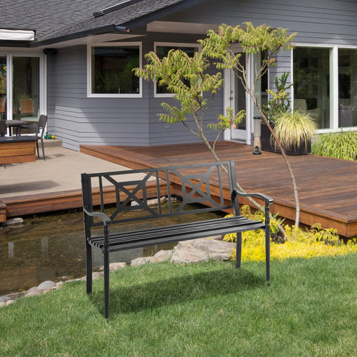 Outsunny 2 -seater steel garden bench with high back and armrests, 128x62.5x81.5 cm, black - Borgè