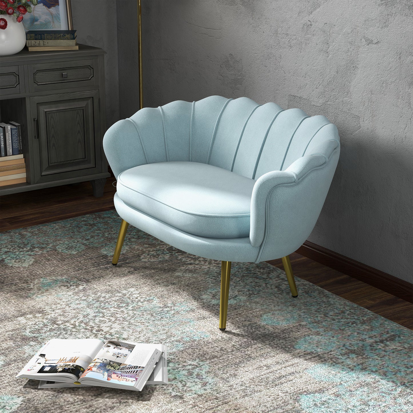 Velvet 2 Seater Sofa in Industrial Chic Style in Velvet Effect Fabric and Metal, 130x77x77 cm, Light Blue