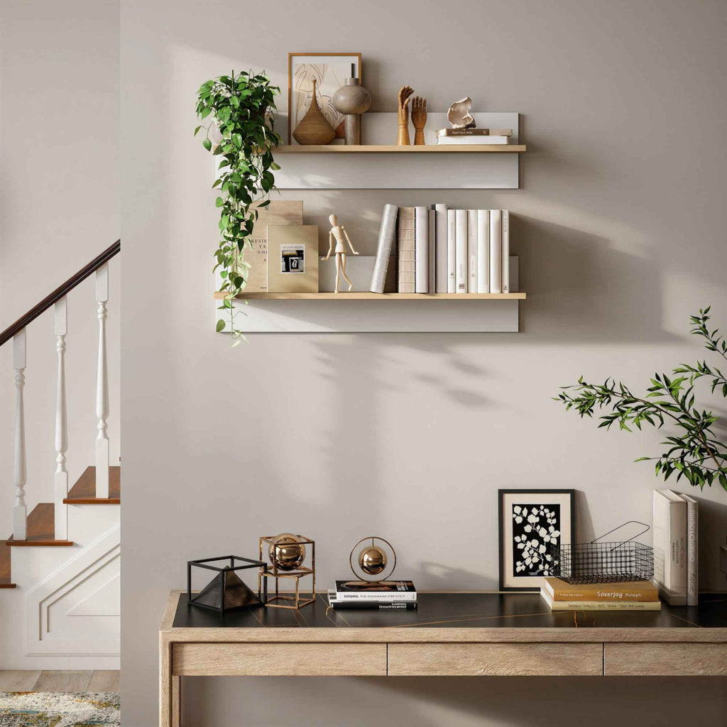 HOMCOM Set of 2 Wooden Wall Shelves for Home and Office, 80x16.5x20 cm, White and Wood Color