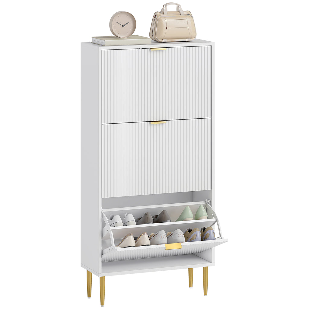 Slim Shoe Rack for 18 Pairs of Shoes with 3 Drop-Down Drawers and Adjustable Shelves, 60x24x128 cm, White