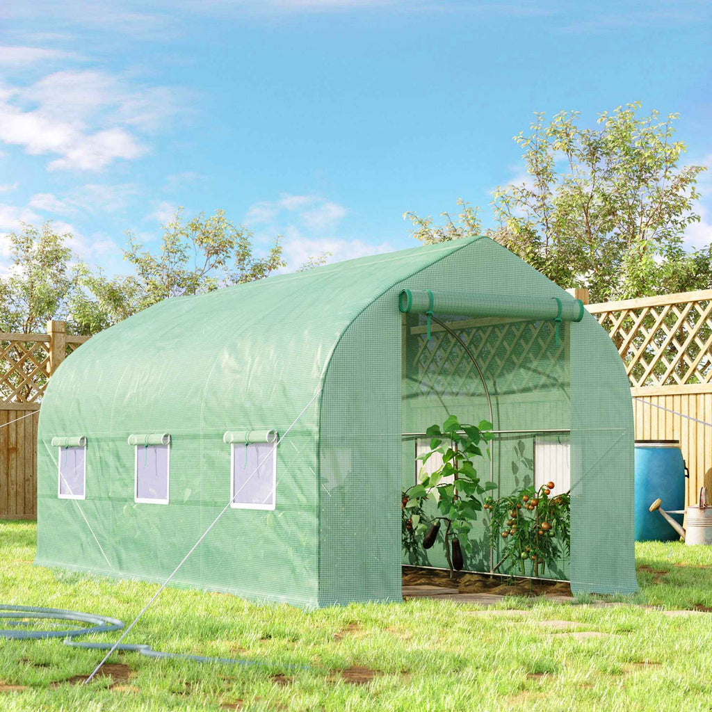 Outsunny UV-Proof Tunnel Greenhouse with 6 Mesh Windows and Roll-Up Entrance, Metal and PE, 4x2x2 m, Green