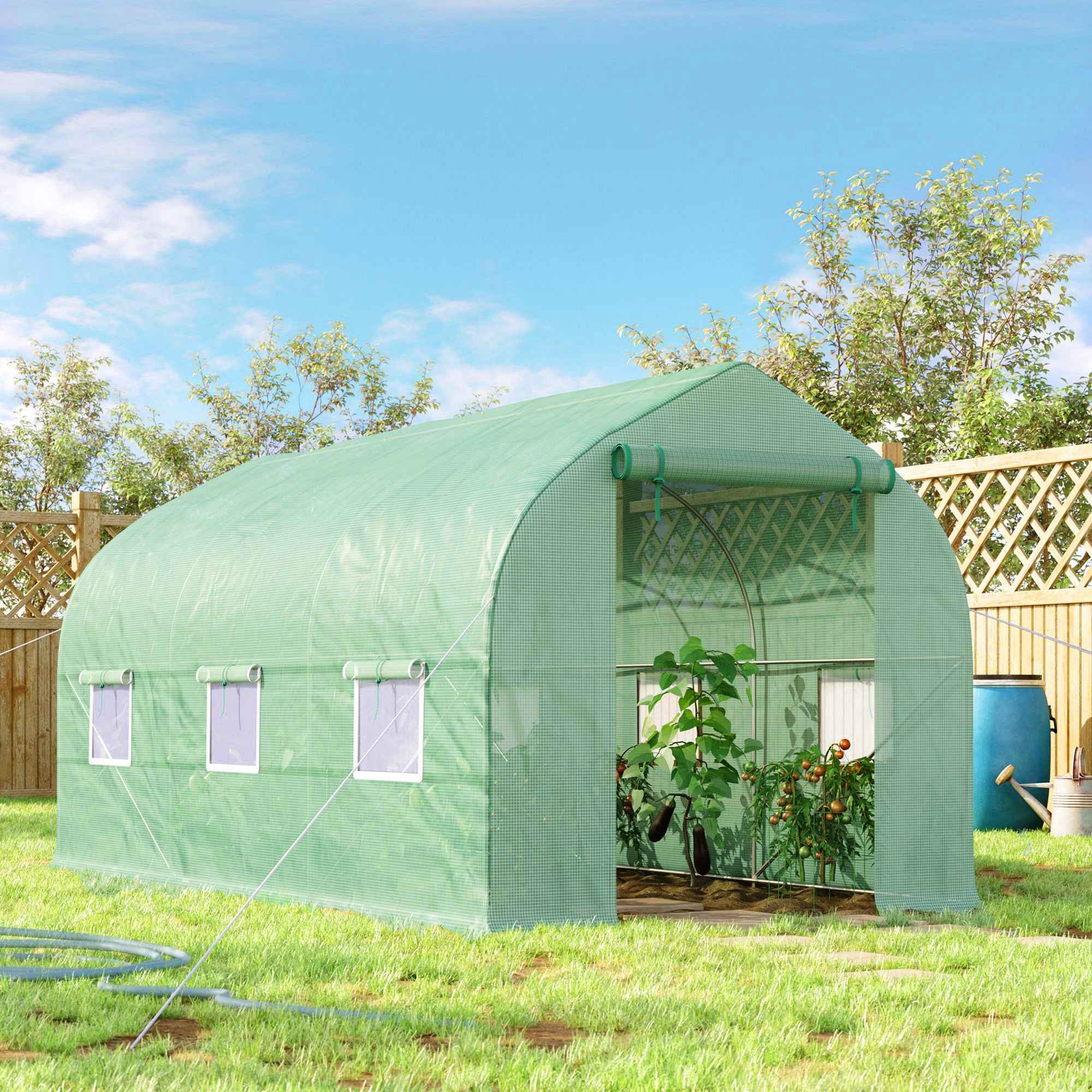 Outsunny UV-Proof Tunnel Greenhouse with 6 Mesh Windows and Roll-Up Entrance, Metal and PE, 4x2x2 m, Green