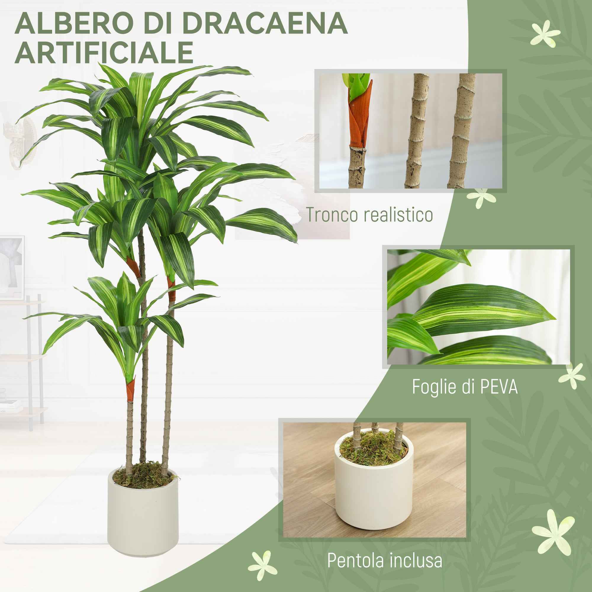 HOMCOM Artificial Green Dracaena Plant in PEVA and Wood with PP and Cement Container Pot, 60x40x120 cm