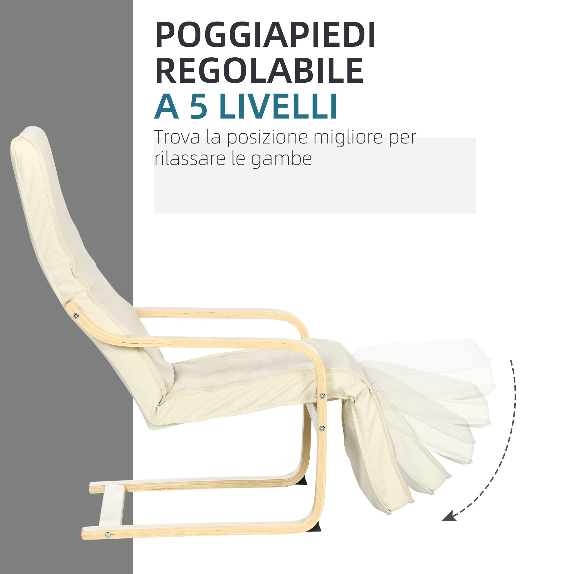 Relaxing Chair with 5-Level Footrest and Headrest, Birch Wood and Fabric, 66.5x94x100 cm, Cream
