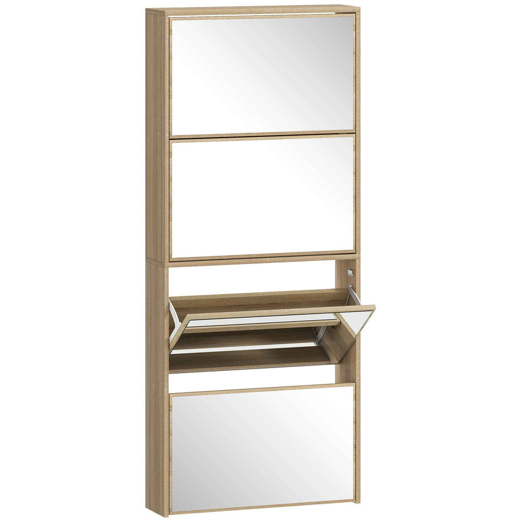 HOMCOM 4-Door Mirrored Shoe Rack, Anti-Tip, Wood Color, 63x17x146 cm