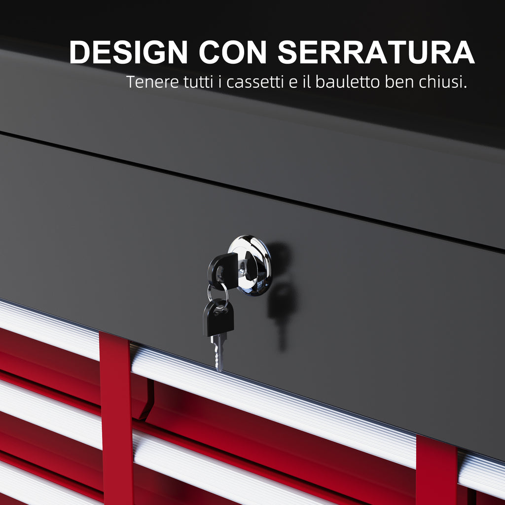 Tool Box with 6 Drawers in Steel with Lock, 60x26x34cm, Black and Red