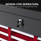 Tool Box with 6 Drawers in Steel with Lock, 60x26x34cm, Black and Red