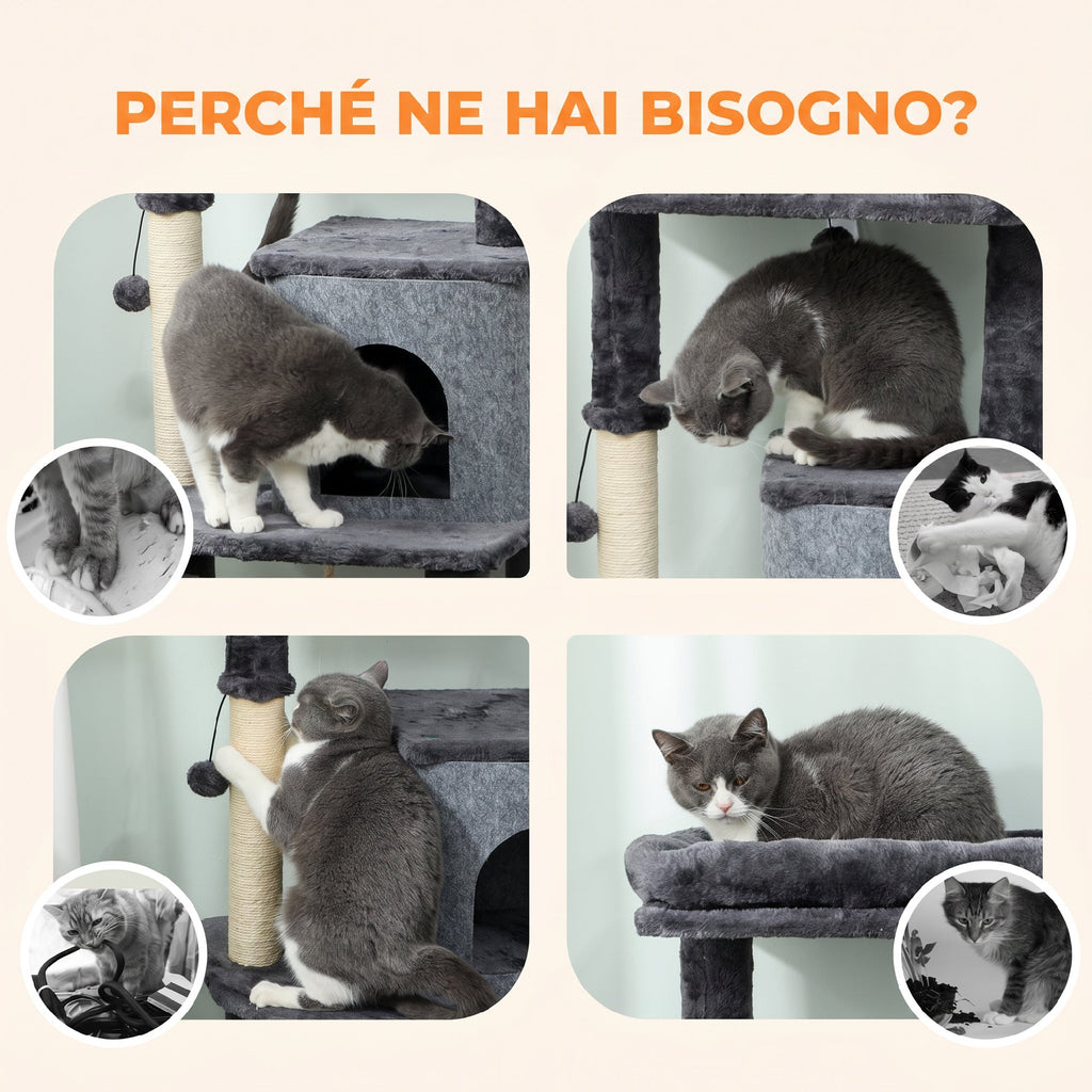 PawHut Multi-Level Cat Tree, 132 cm Tall, with House, Bed, Scratching Posts, Brush and Ball, Dark Grey