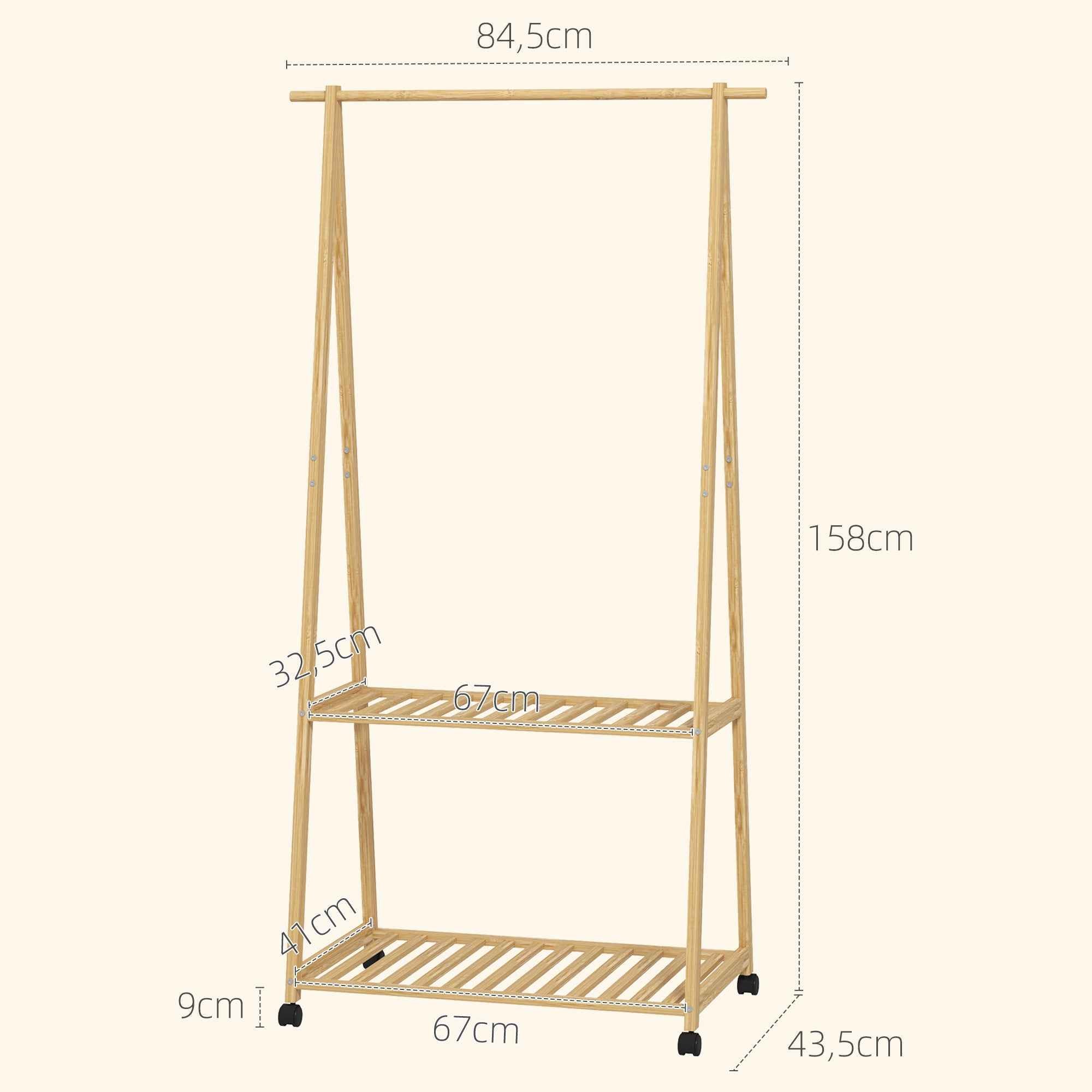 HOMCOM Bamboo Coat Rack with Shoe Shelf, 2 Hooks, Mobile Coat Stand for Entryway, Living Room, Natural