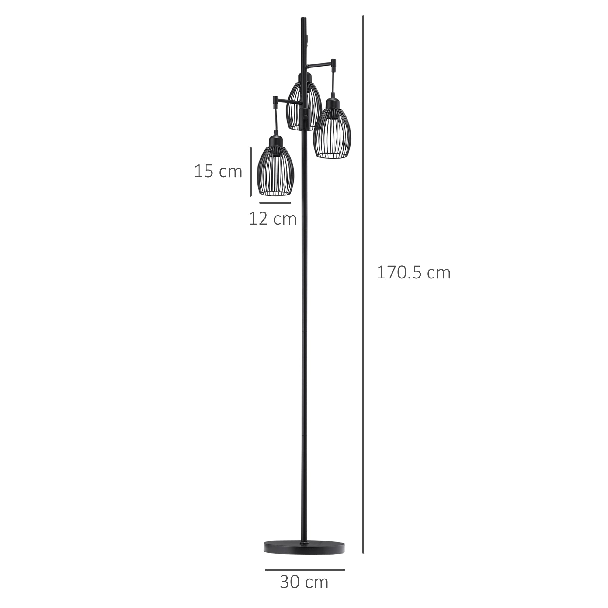 Industrial Floor Lamp with 3 Lampshades and Adjustable Dimmer, Steel, 30x30x170.5 cm, Black