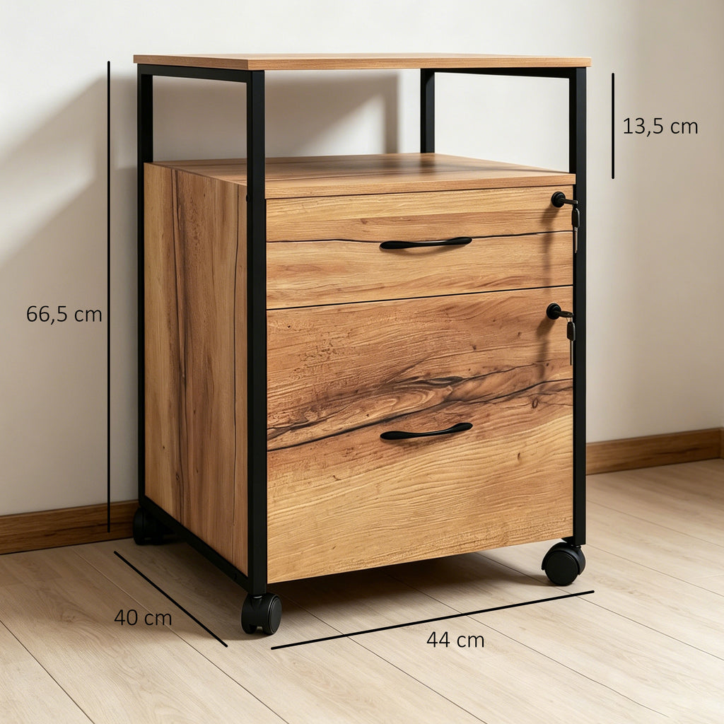 Vinsetto Office Drawer Cabinet with 2 Lockable Drawers, Mobile with Wheels and Bar for A4 and Letter Folders, 44 x 40 x 66.5 cm, Rustic Brown