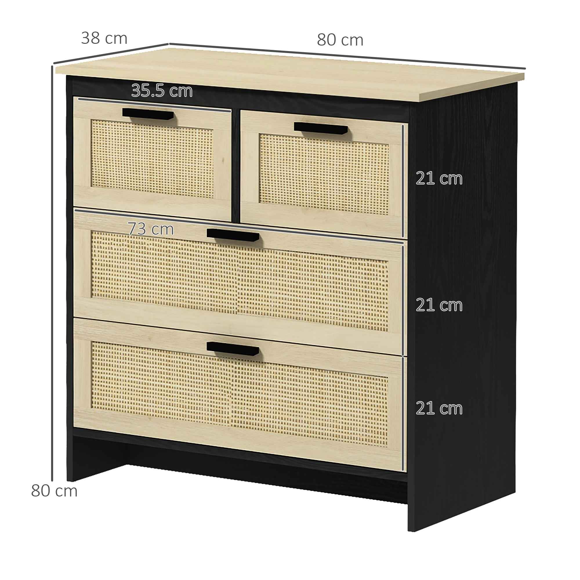 HOMCOM 4-Drawer Chest of Drawers in Chipboard and Rattan for Living Room and Bedroom, 80x38x80 cm