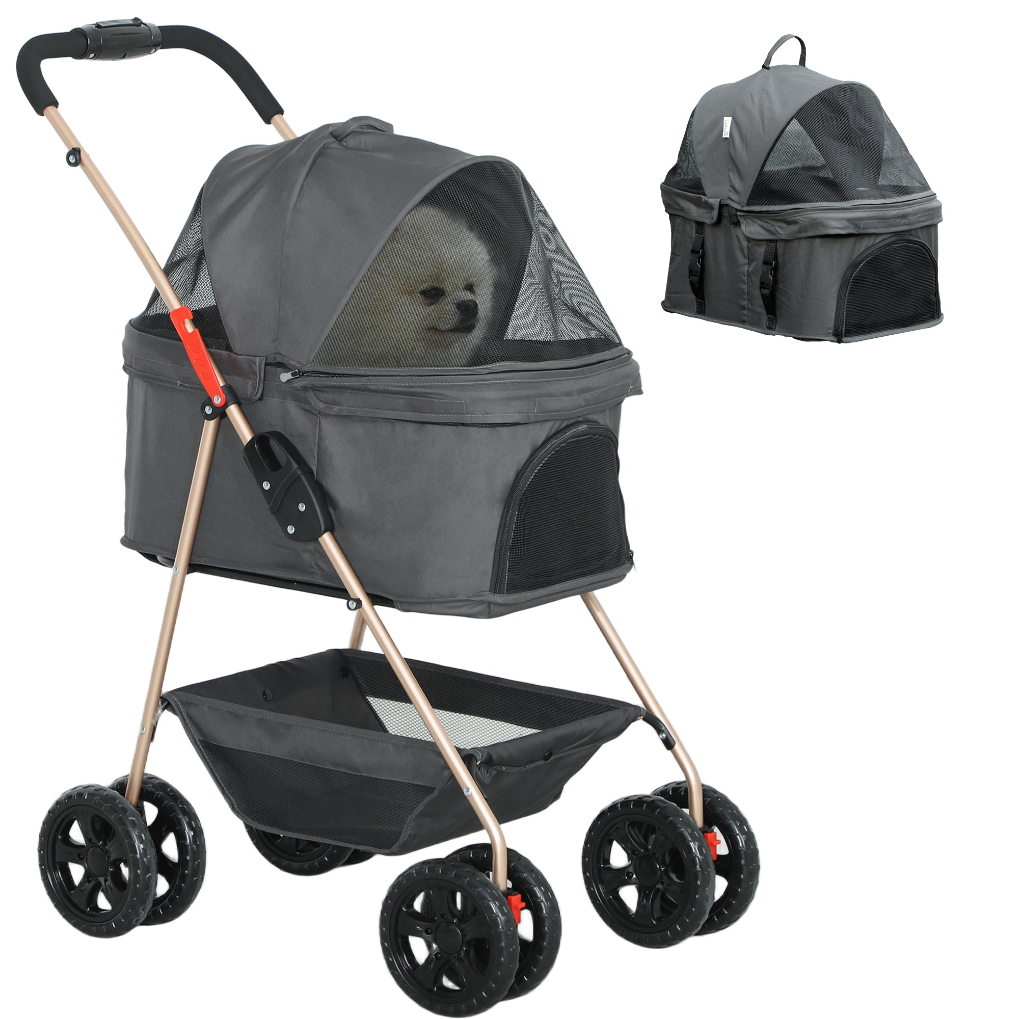 3 in 1 Foldable Dog Stroller with Carrying Bag and Bottom Basket, Gray