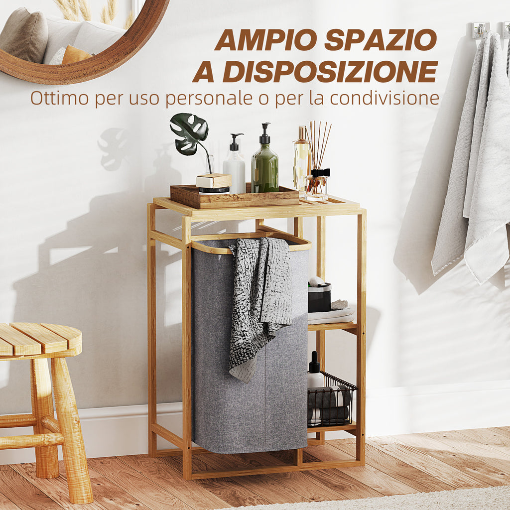 Laundry Basket with Pull-Out Bag and Bamboo Slatted Shelves, 50x32x70 cm, Grey